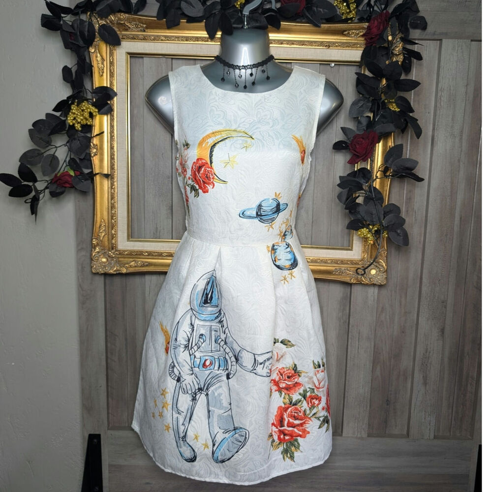 🌙🚀 Whimsical Astronaut & Celestial Fit-and-Flare Dress 🚀🌙